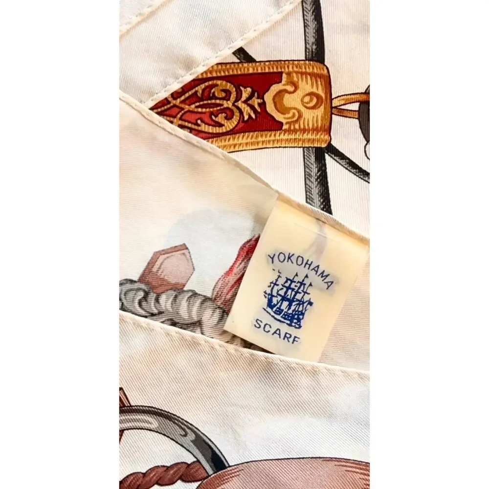 Vintage Yokohama Silk Scarf Equestrian Horse Carriage Motif 1980s Japan 35x35